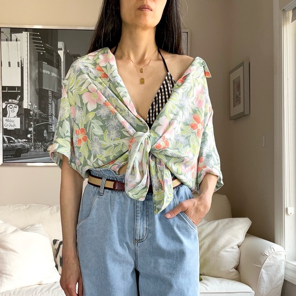 Alia Tops - Floral button down short sleeve shirt